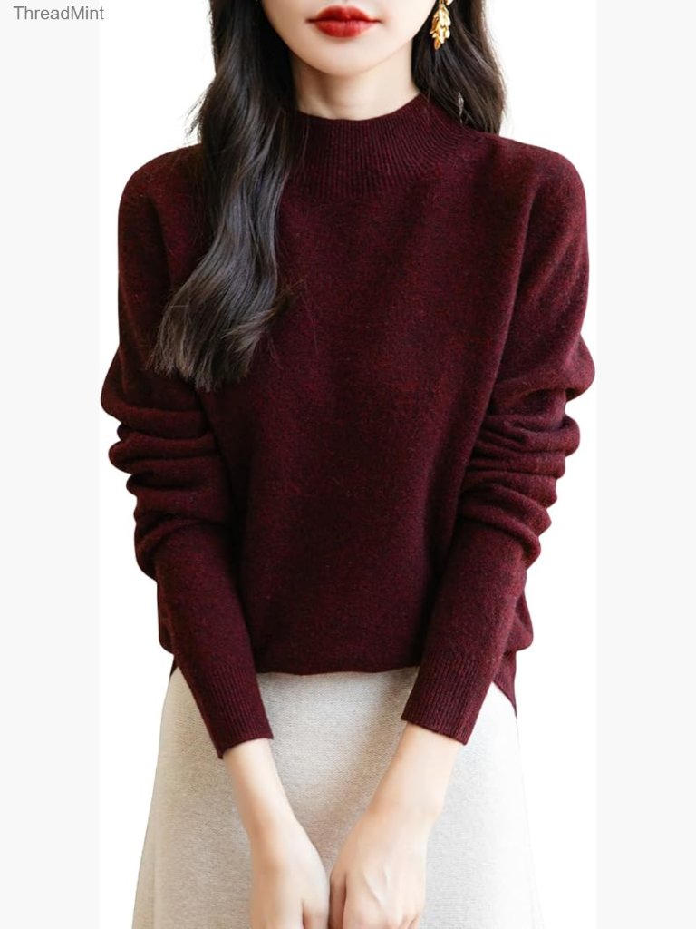 100% Merino Wool Seamless Mock Neck Pullover Sweater